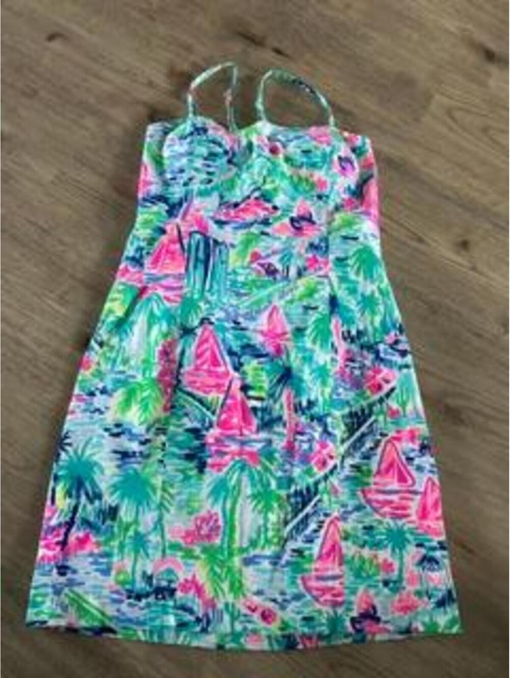 Lilly Pulitzer Sailboat Palm Tree Print Dress Womens Size 4 Pink Green Cotton